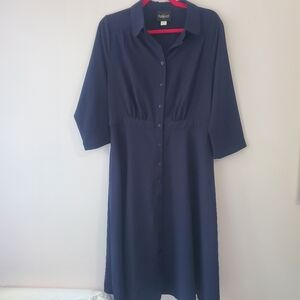 Collectif London Blue Button Front Midi Dress Sz L/10 Preppy Office Siren Church